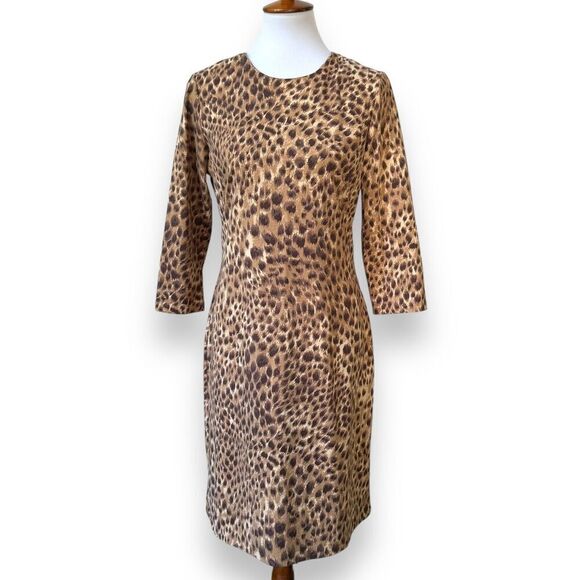 J. McLaughlin Dresses & Skirts - J.McLaughlin Womens Sheath Dress Brown Animal Print 3/4 Sleeve Stretch Zip M